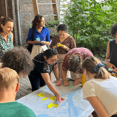 Een groep mensen plakt post-its op een kaart