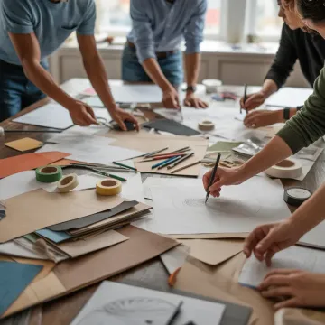Handen van makers rond een werktafel met schetsen en materialen.