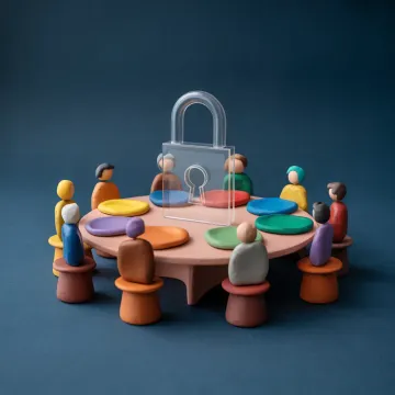 Abstracte illustratie van gedeeld besluitvormingsproces met gelijke stem en mission-lock.