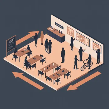 Illustratie van een gedeelde creatieve ruimte met zones voor workshop, café, bike-hub en expositie.