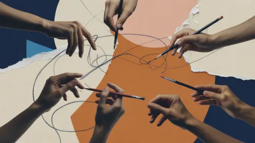 Abstracte collage die co-creatie en cultuur verbeeldt.